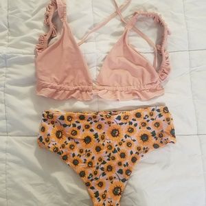 Frill Strap Top With Sunflower High Waist Bikini